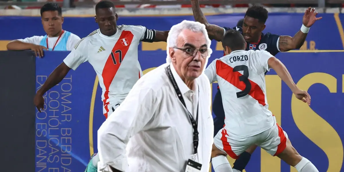 Advíncula y Corzo peleando el balón con un dominicano, mientras Jorge Fossati mira atentamente