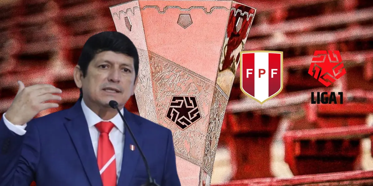 Agustín Lozano, de fondo aparece el trofeo de la Liga 1. FOTO: Andina