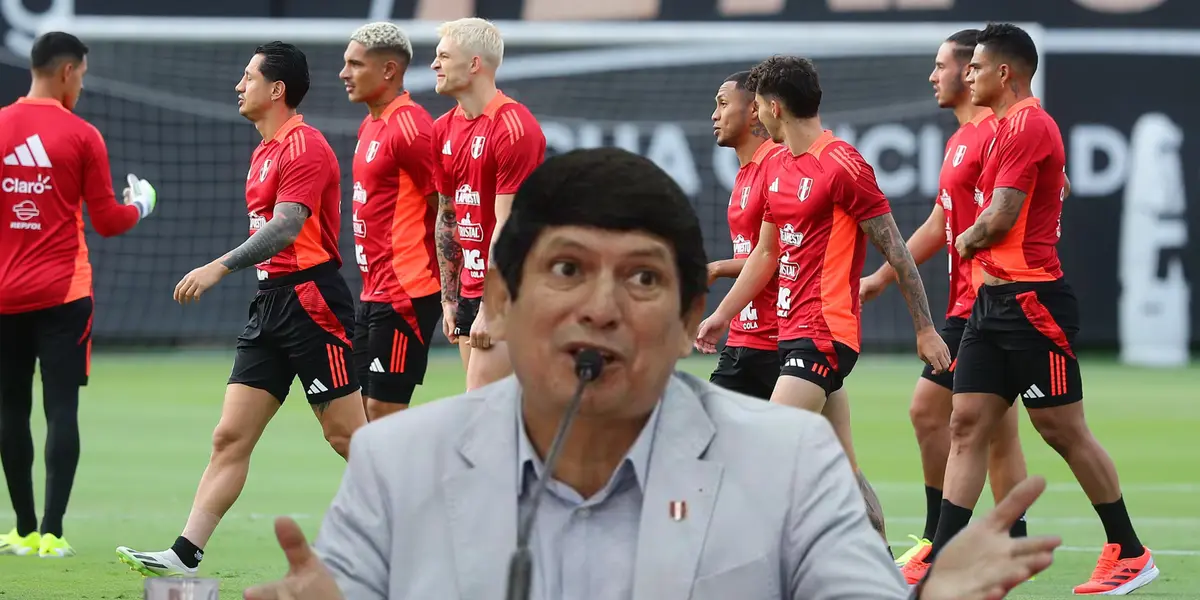 Agustín Lozano hablando al micrófono y la Selección Peruana entrenando