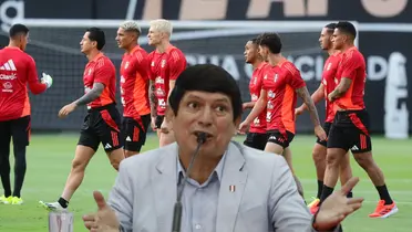 Agustín Lozano hablando al micrófono y la Selección Peruana entrenando 