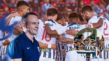 Alejandro Restepo sonriendo y los jugadores de Alianza Lima 