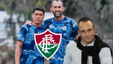 Alejandro Restrepo feliz, mientras Jesús Castillo y Hernán Barcos sonríen