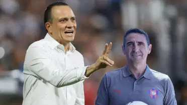 Alejandro Restrepo haciendo un gesto de 2 y Manolo Jiménez sonriendo 