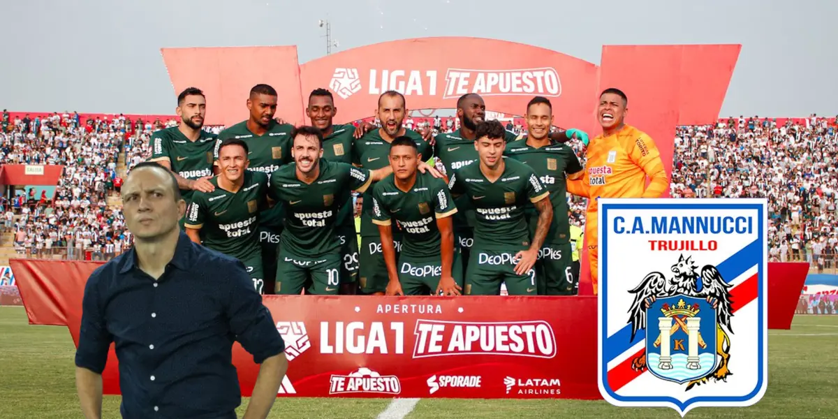 Alejandro Restrepo mirando de reojo, mientras Alianza Lima se toma la foto del partido