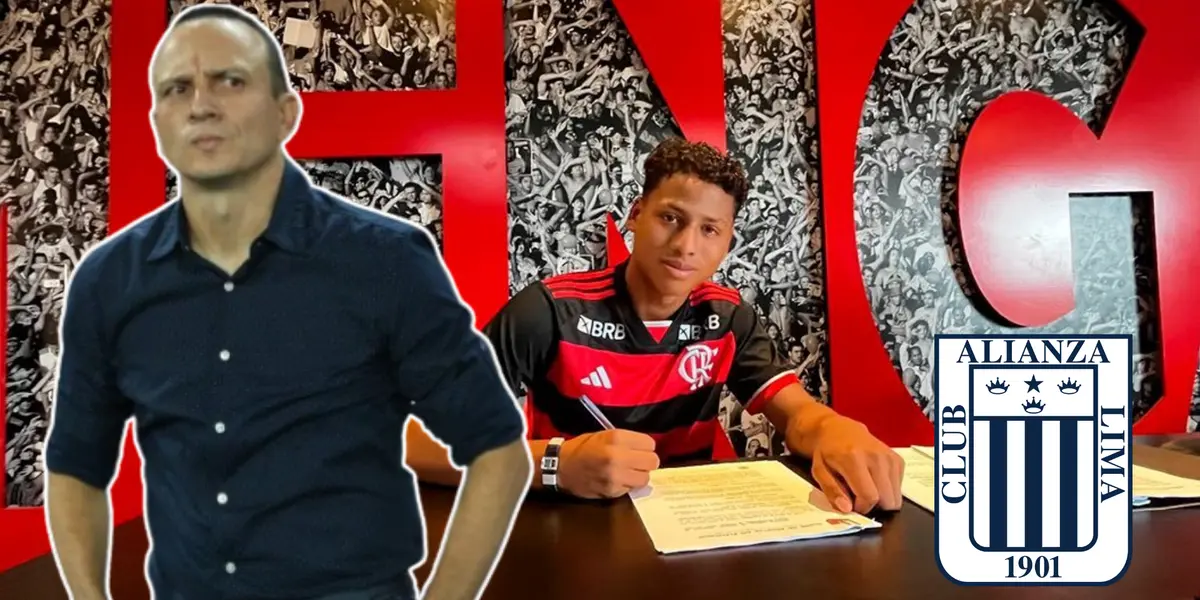 Alejandro Restrepo mirando molesto y Neciosup firmando con Flamengo 