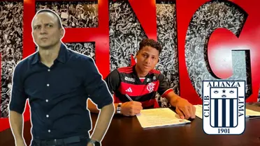 Alejandro Restrepo mirando molesto y Neciosup firmando con Flamengo 
