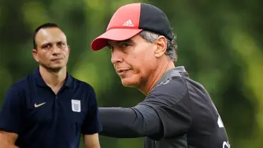 Alejandro Restrepo mirando serio y Chemo del Solar dando órdenes (Foto: Selección Peruana)