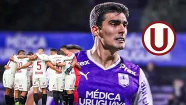 Alfonso Barco jugando para Defensor Sporting y debajo jugadores de la ´U´ abrazados