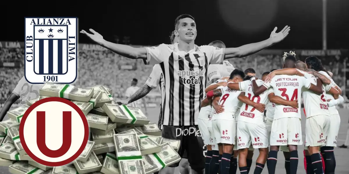Alianza en fondo blanco y negro, mientras Universitario celebrando el triunfo vs LDU