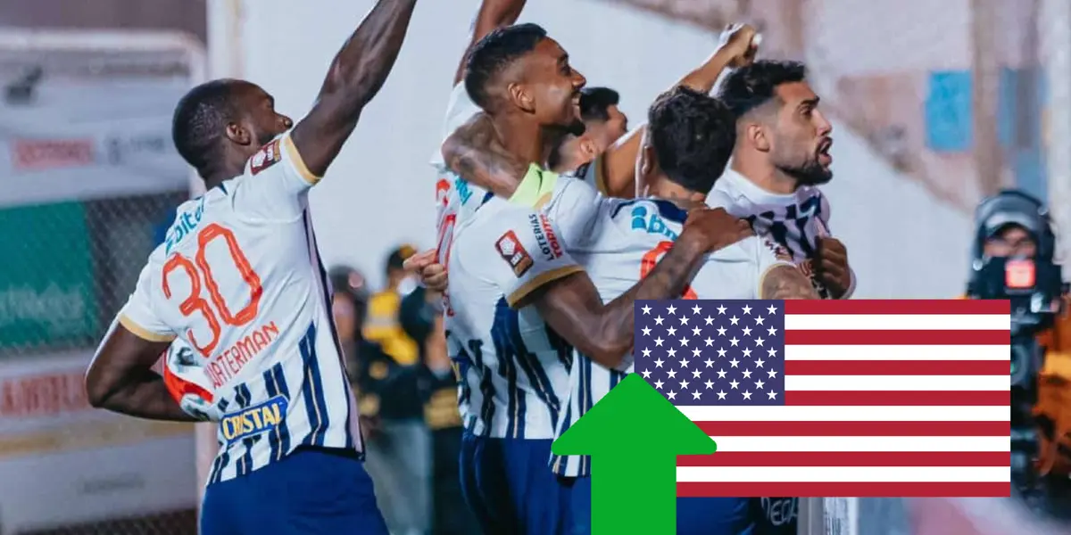 Alianza Lima celebrando un gol y la bandera de Estados Unidos