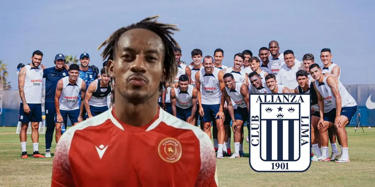 André Carrillo con la camiseta del Al-Qadisiyah y detrás los jugadores de Alianza Lima reunidos