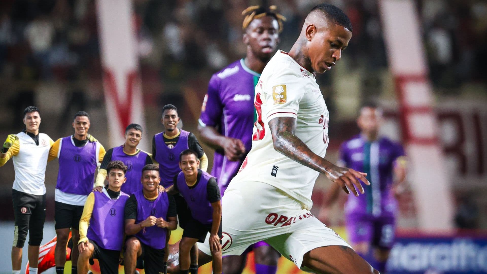 Andy Polo en el partido vs Comerciantes Unidos y debajo jugadores de Universitario