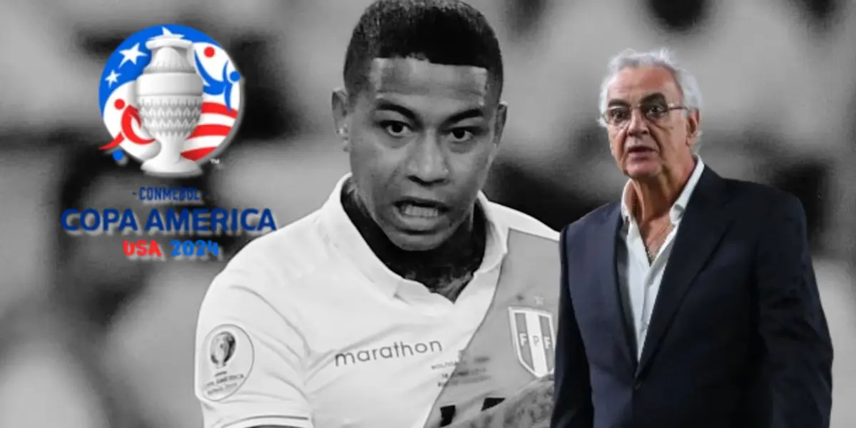 Andy Polo en un fondo blanco y negro, adelante Jorge Fossati