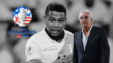 Andy Polo en un fondo blanco y negro, adelante Jorge Fossati