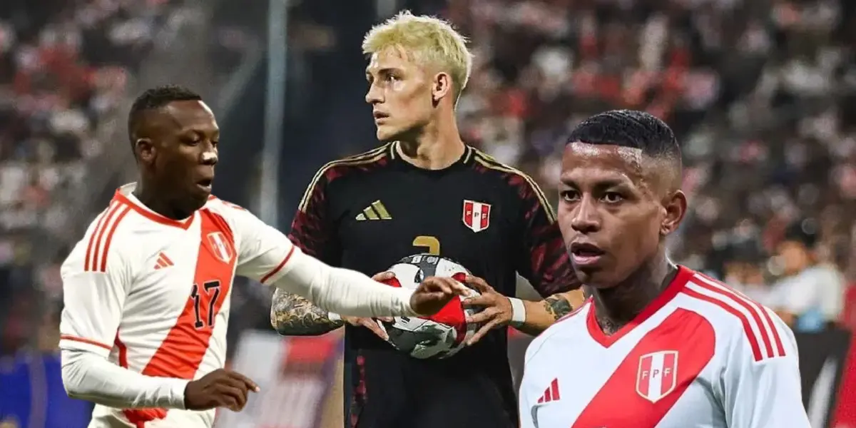 Andy Polo, Luis Advíncula y Oliver Sonne con la camiseta de la Selección Peruana