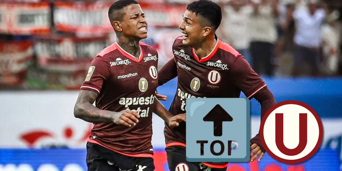 Andy Polo y Jairo Concha celebrando un gol con la camiseta de Universitario de Deportes