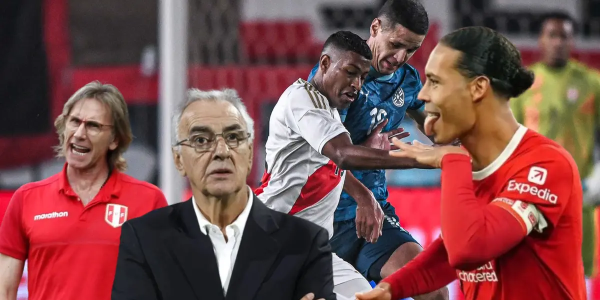Araujo disputando una acción de juego vs Paraguay, debajo Gareca, Fossati y Van Dijk