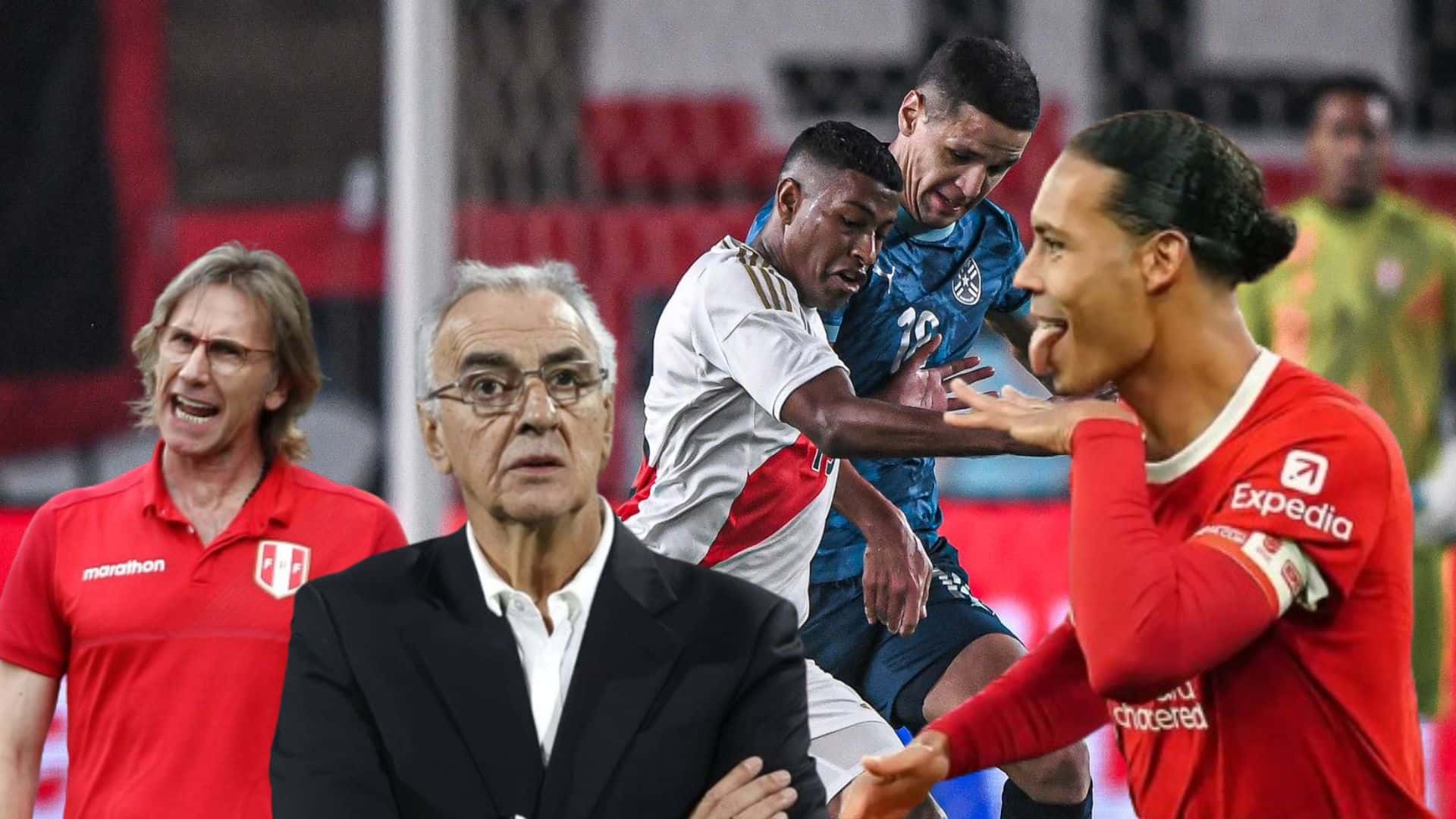 Araujo disputando una acción de juego vs Paraguay, debajo Gareca, Fossati y Van Dijk