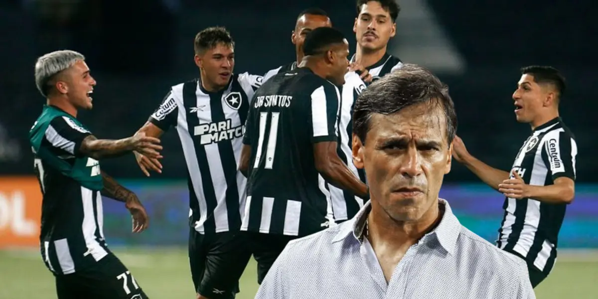 Botafogo celebrando gol y Fabián Bustos con cara pensativa 