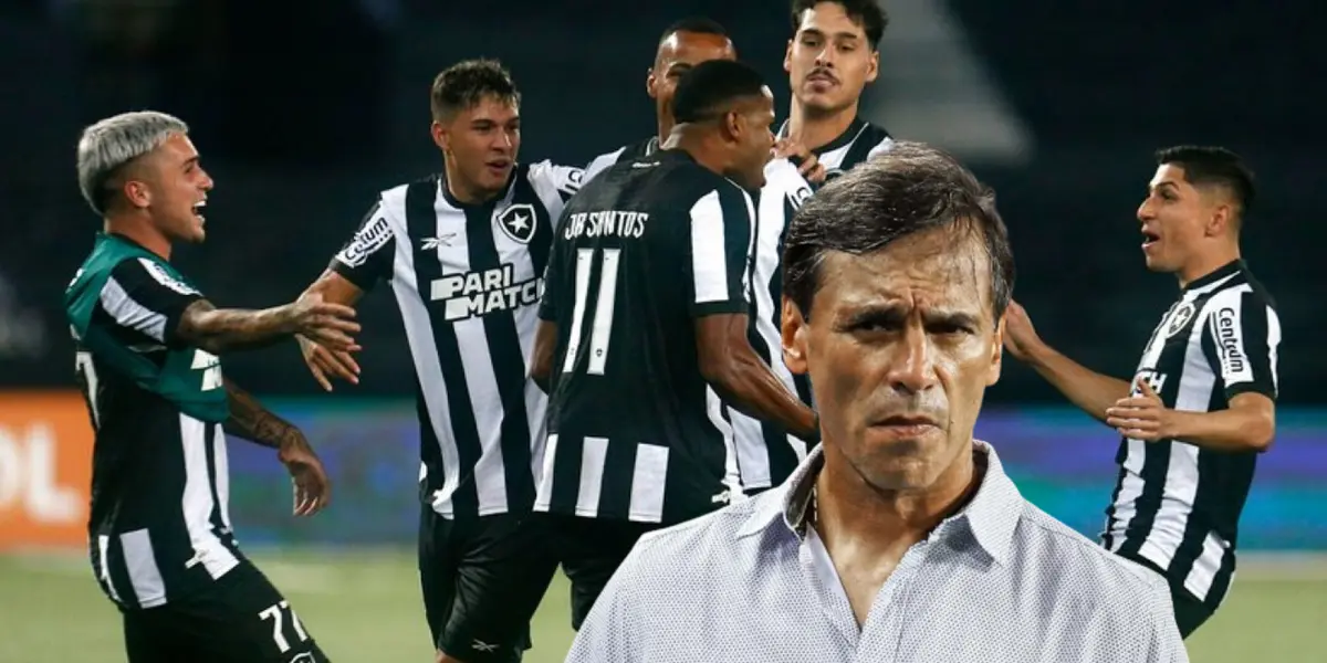 Botafogo celebrando gol y Fabián Bustos con cara pensativa