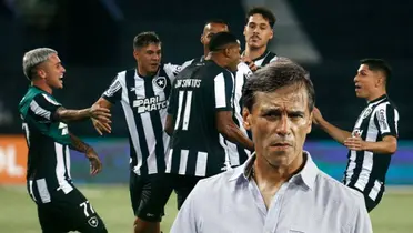 Botafogo celebrando gol y Fabián Bustos con cara pensativa 