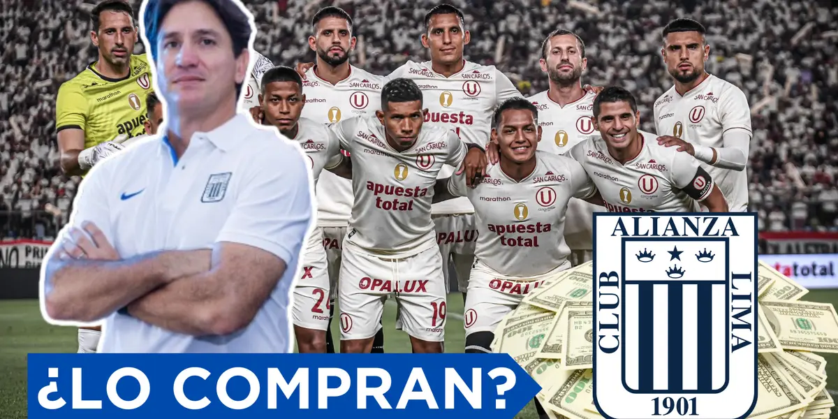 Bruno Marioni con los brazos cruzados, Universitario posando para la foto y el escudo de Alianza Lima