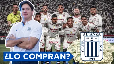Bruno Marioni con los brazos cruzados, Universitario posando para la foto y el escudo de Alianza Lima