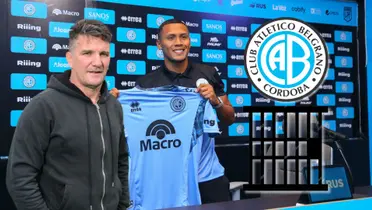 Bryan Reyna posando con la camiseta de Belgrano junto al presidente del club