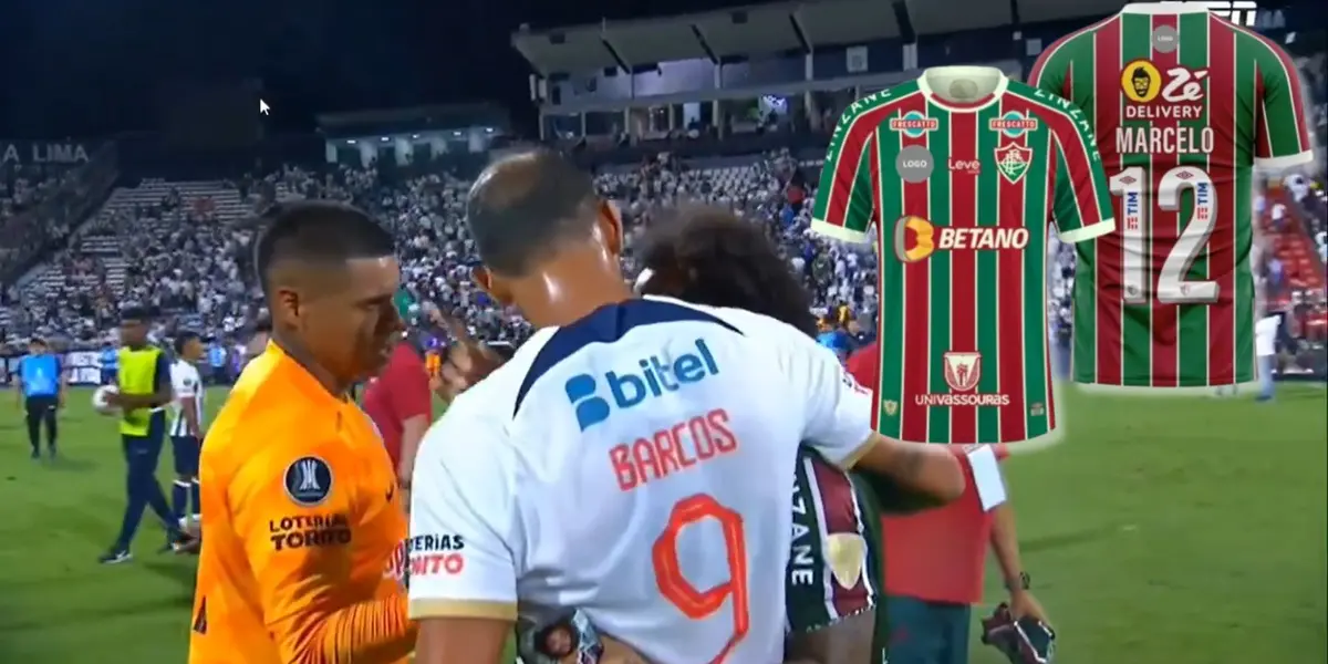 Campos y Barcos pidiéndole la camiseta a Marcelo luego del duelo Alianza vs Fluminense