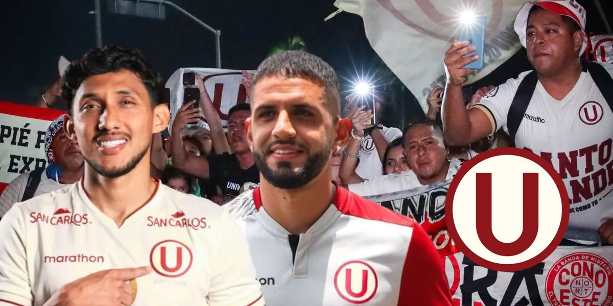 Canchita Gonzáles, Matías Di Benedetto y detrás la hinchada de Universitario de Deportes