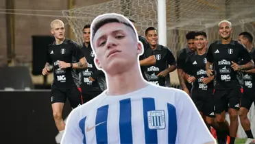 Catriel Cabellos con la camiseta de Alianza Lima y los jugadores de la Selección Peruana entrenando