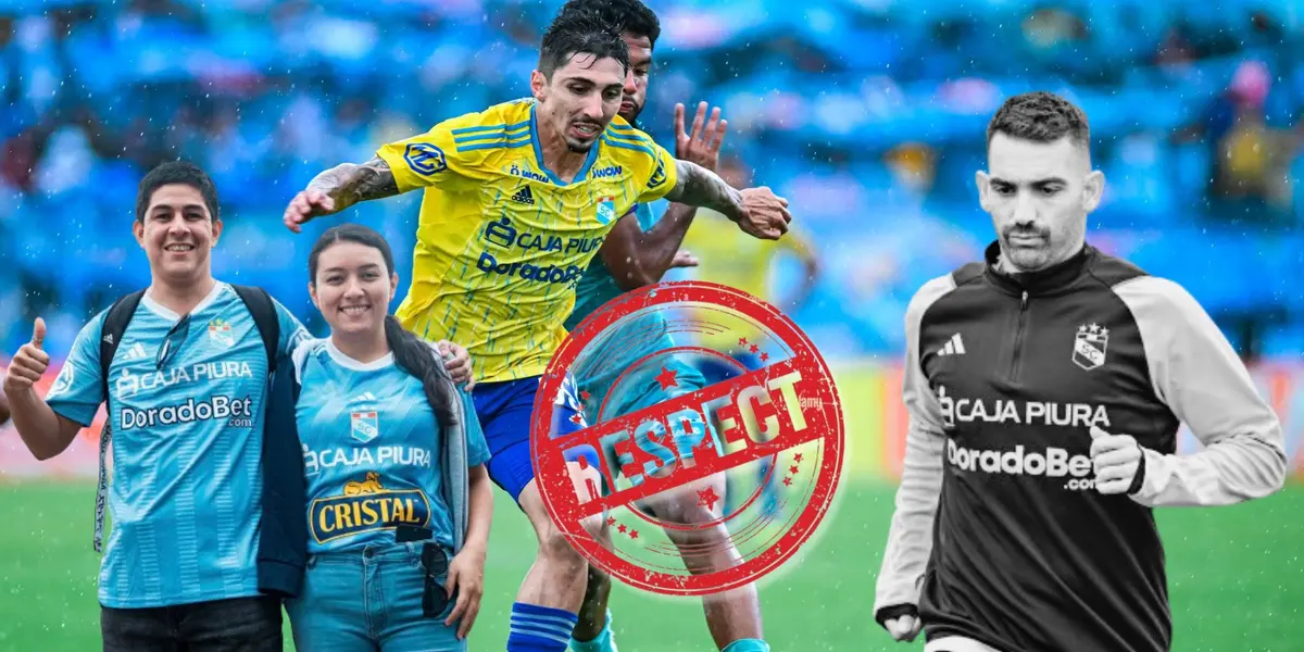 Cazonatti y Toledo disputando una acción de juego, delante Cauteruccio e hinchas de Cristal