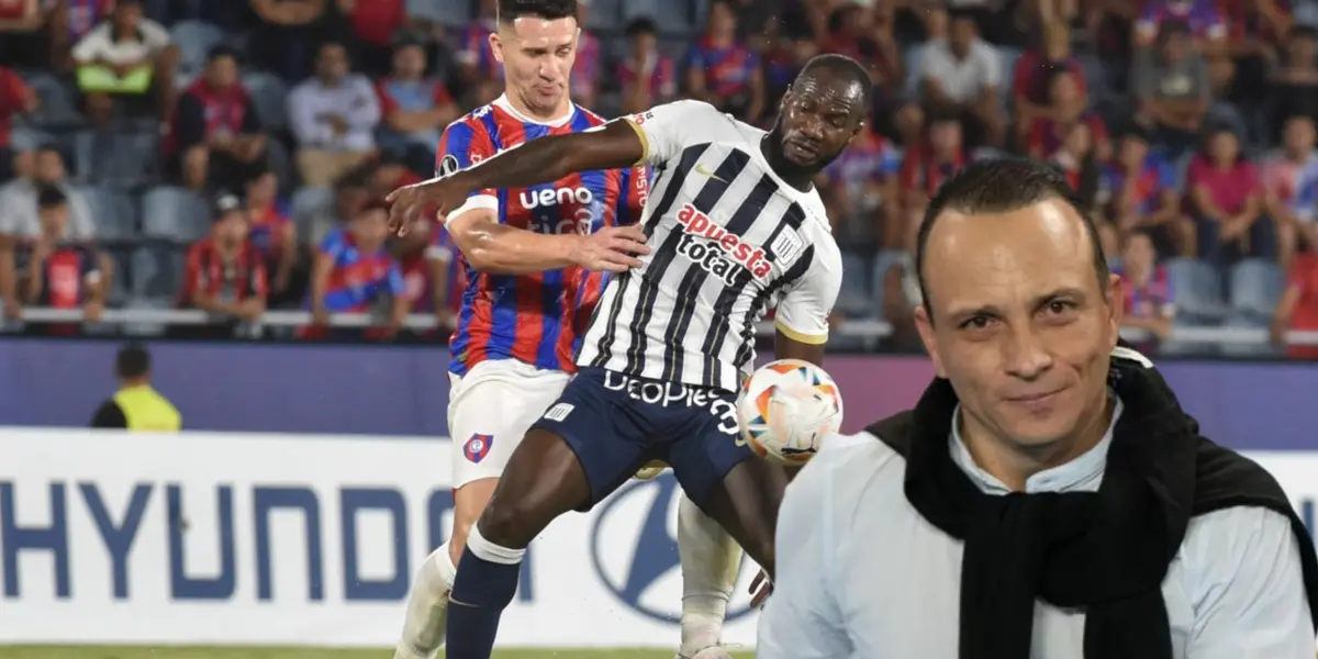 Cecilio Waterman peleando la pelota y Alejandro Restrepo mirando feliz