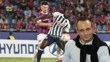 Cecilio Waterman peleando la pelota y Alejandro Restrepo mirando feliz