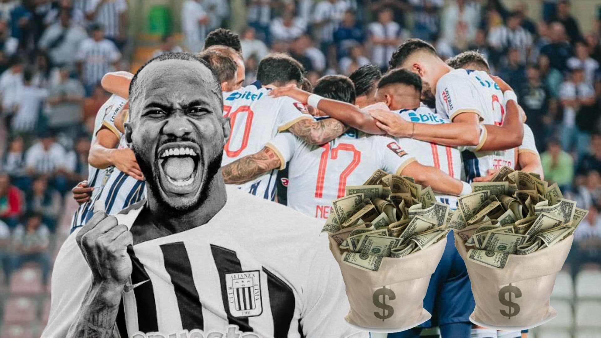 Cecilio Waterman y detrás los jugadores de Alianza Lima reunidos en la cancha