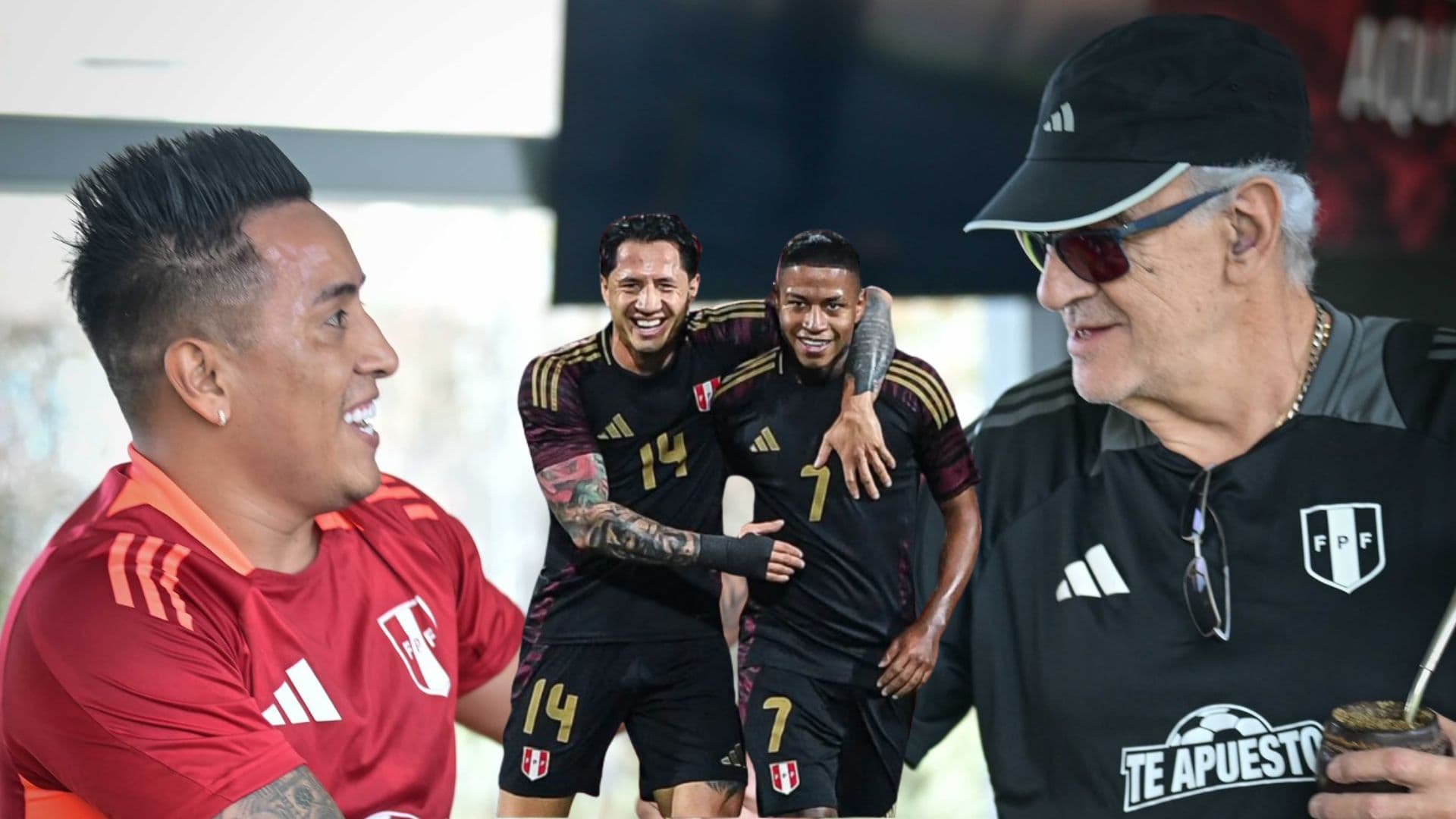 Christian Cueva al lado de Jorge Fossati en Videna, delante Gianluca Lapadula y Andy Polo