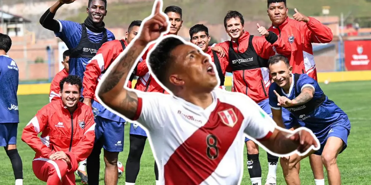 Christian Cueva celebrando y los jugadores de Cienciano felices 