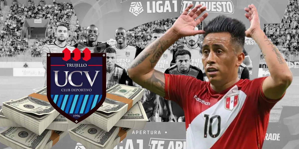 Christian Cueva con la camiseta Bicolor y detrás el plantel de la UCV de Trujillo