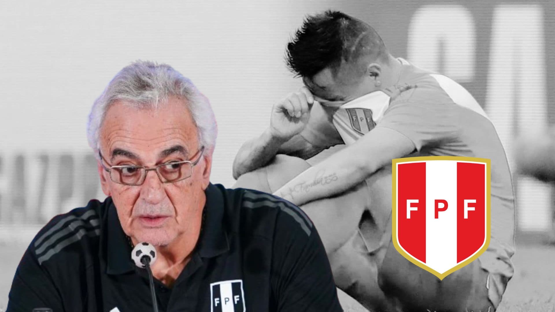 Christian Cueva en un fondo blanco y negro, delante Jorge Fossati