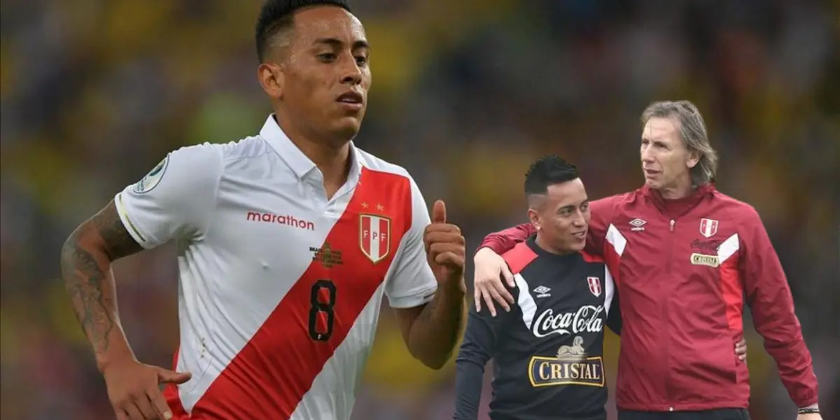 Christian Cueva vistiendo la camiseta bicolor y debajo al lado de Ricardo Gareca