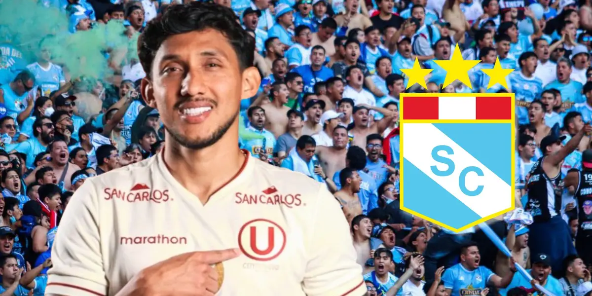 Christofer Gonzáles posando con la camiseta crema y de fondo la hinchada de Sporting Cristal