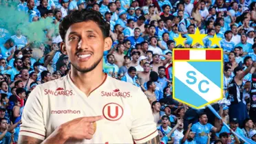 Christofer Gonzáles posando con la camiseta crema y de fondo la hinchada de Sporting Cristal