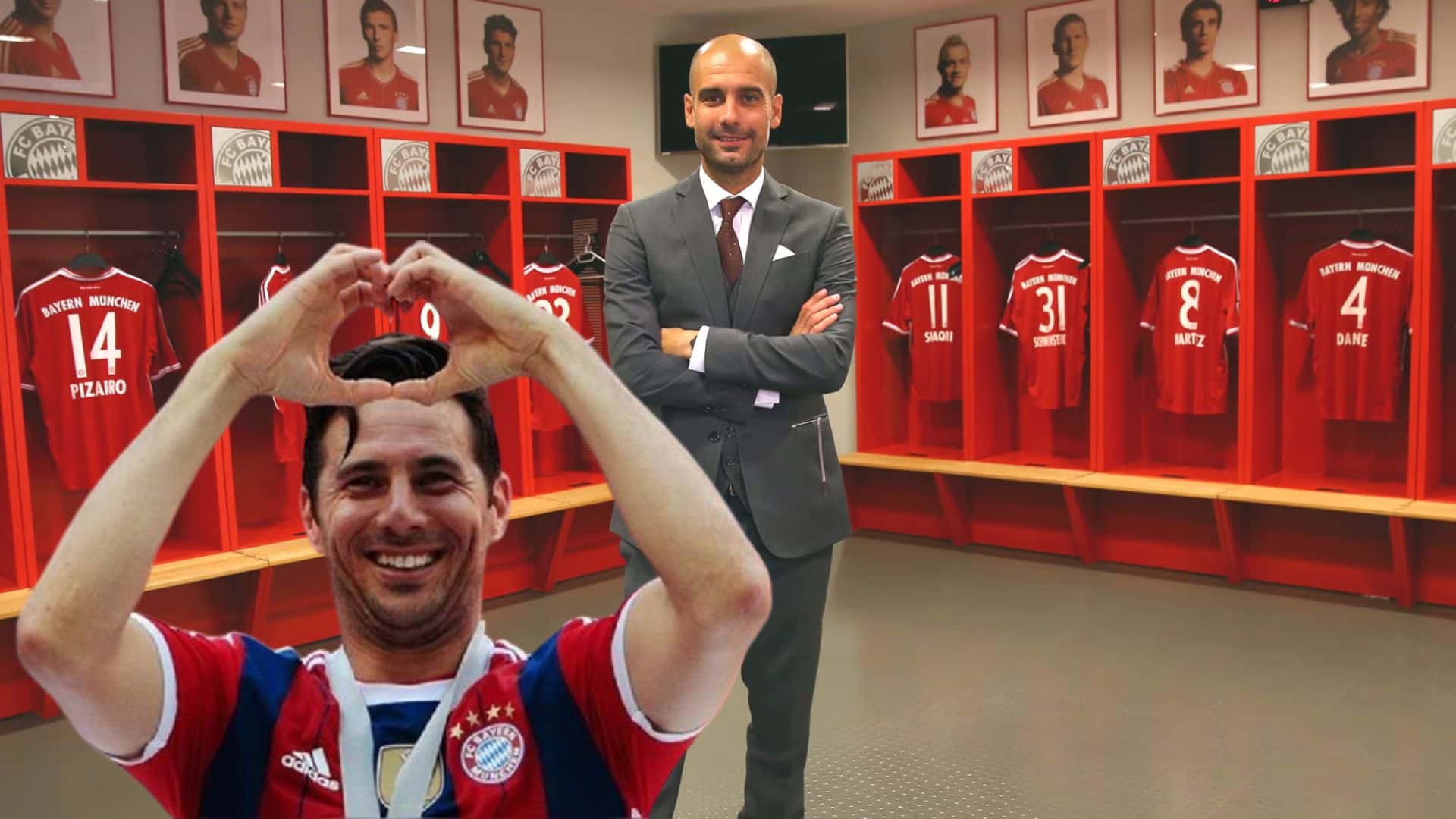 Claudio Pizarro celebrando con el Bayern Múnich y detrás Pep Guardiola en el vestuario bávaro