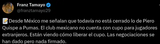 Piero Quispe todavía no puede jugar por Pumas