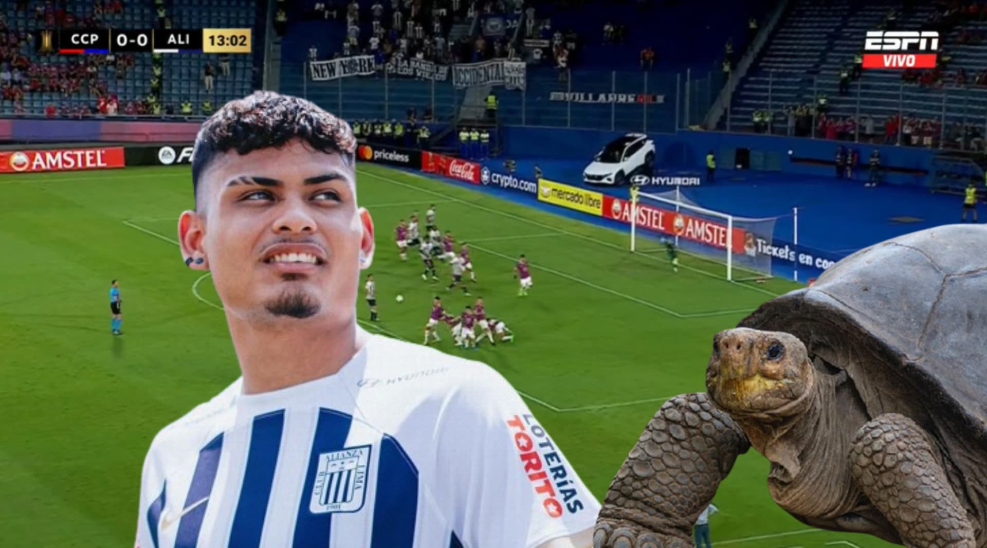 De fondo la imagen del instante del gol de Cerro Porteño, también aparece Jeriel de Santis y una tortuga