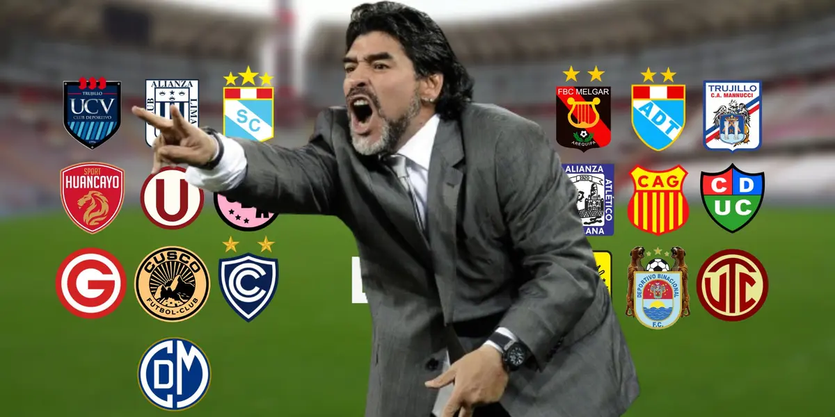 Diego Armando Maradona y detrás los escudos de los equipos que juegan la Liga 1