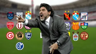 Diego Armando Maradona y detrás los escudos de los equipos que juegan la Liga 1