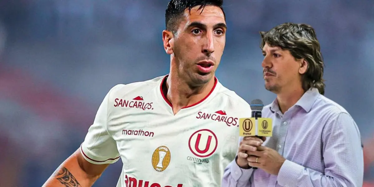 Diego Dorregaray con la camiseta de Universitario de Deportes y Jean Ferrari con un micrófono