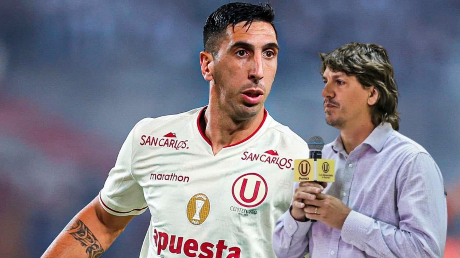 Diego Dorregaray con la camiseta de Universitario de Deportes y Jean Ferrari con un micrófono