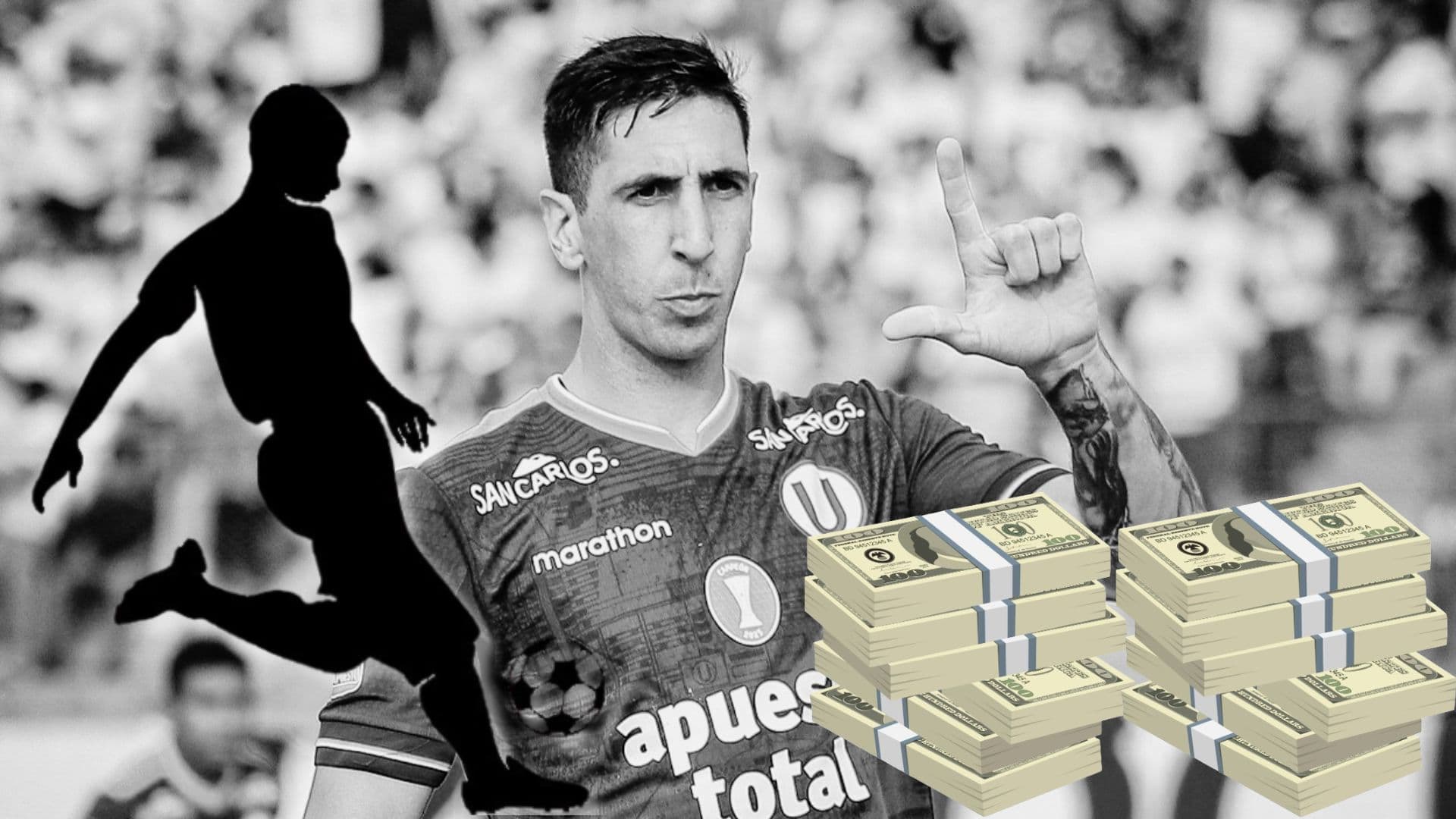 Diego Dorregaray en un fondo blanco y negro con la camiseta de Universitario